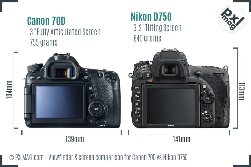 Canon 70D vs Nikon D750 Screen and Viewfinder comparison