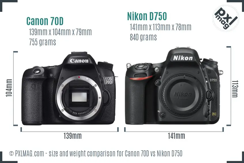 Canon 70D vs Nikon D750 size comparison