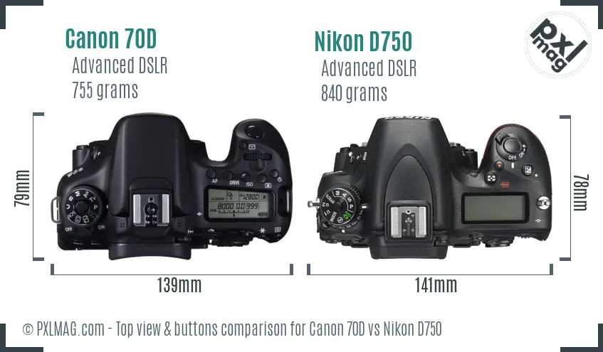 Canon 70D vs Nikon D750 top view buttons comparison