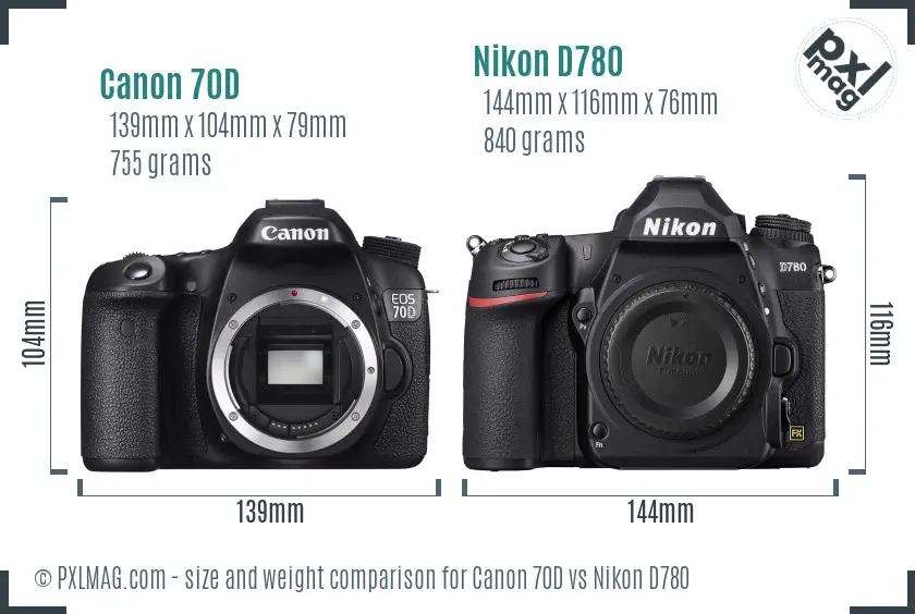 Canon 70D vs Nikon D780 size comparison