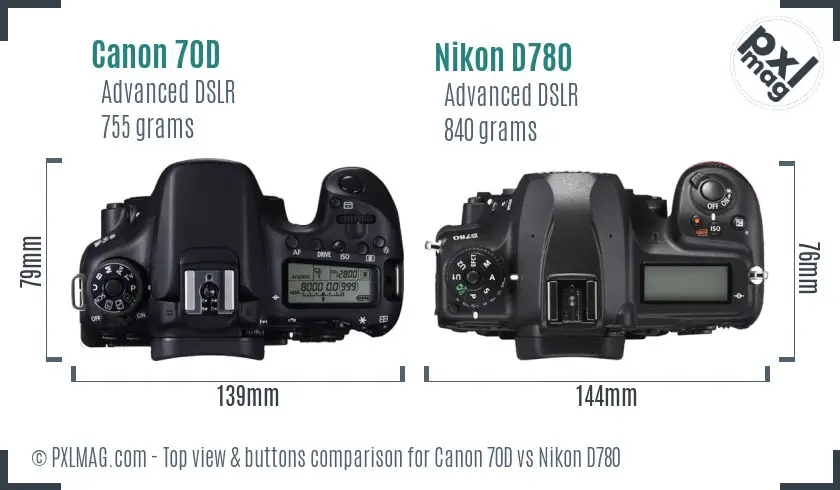 Canon 70D vs Nikon D780 top view buttons comparison