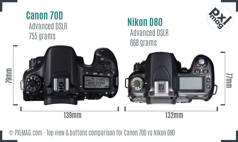 Canon 70D vs Nikon D80 top view buttons comparison