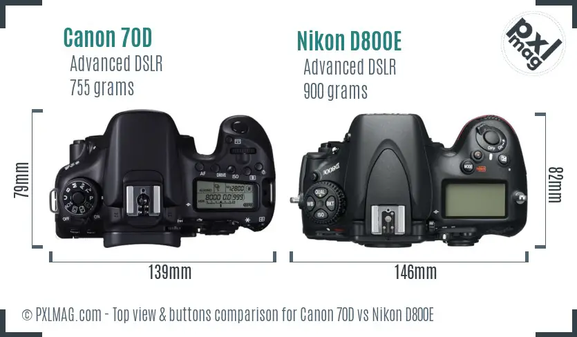 Canon 70D vs Nikon D800E top view buttons comparison
