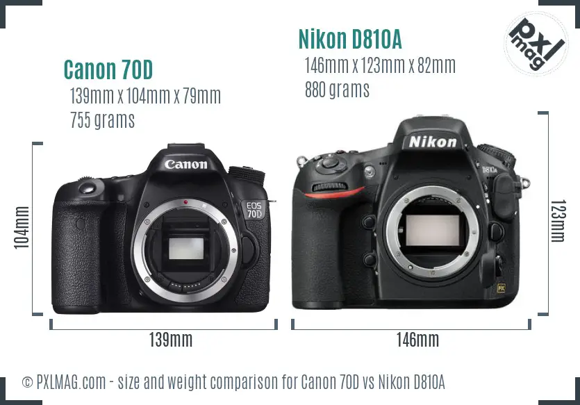 Canon 70D vs Nikon D810A size comparison