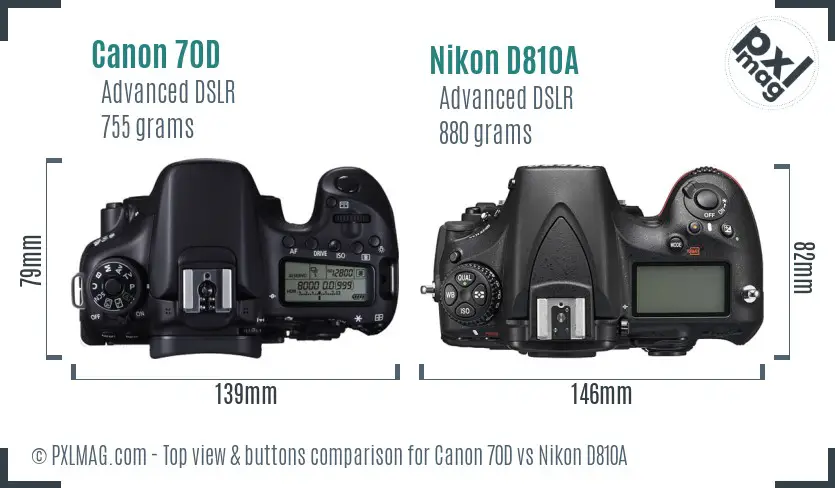 Canon 70D vs Nikon D810A top view buttons comparison