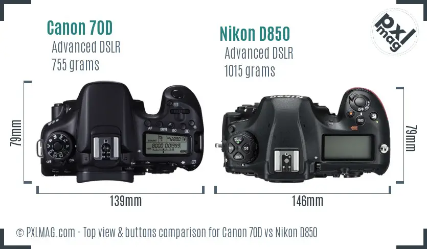 Canon 70D vs Nikon D850 top view buttons comparison
