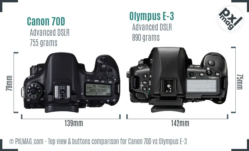 Canon 70D vs Olympus E-3 top view buttons comparison