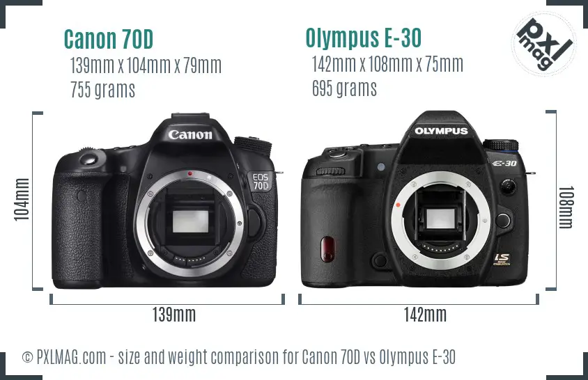 Canon 70D vs Olympus E-30 size comparison