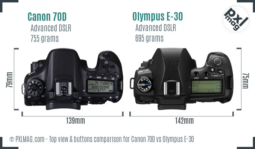 Canon 70D vs Olympus E-30 top view buttons comparison