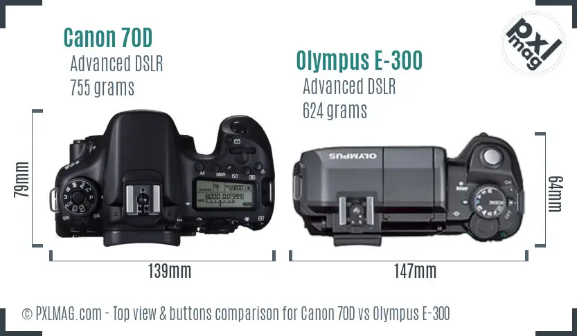 Canon 70D vs Olympus E-300 top view buttons comparison