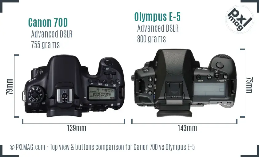 Canon 70D vs Olympus E-5 top view buttons comparison