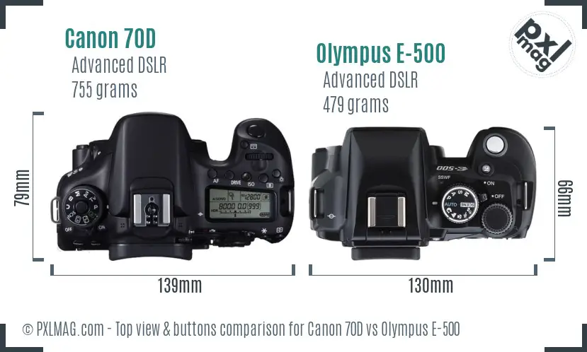 Canon 70D vs Olympus E-500 top view buttons comparison