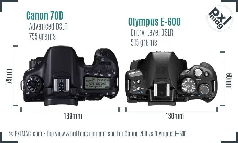 Canon 70D vs Olympus E-600 top view buttons comparison