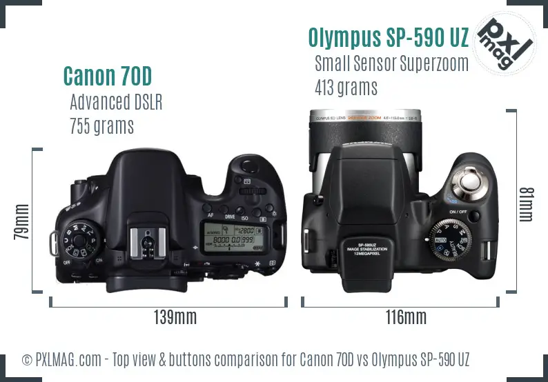 Canon 70D vs Olympus SP-590 UZ top view buttons comparison