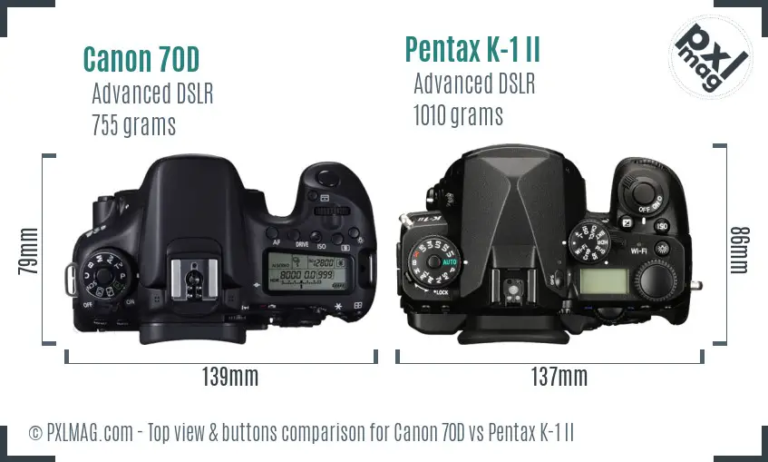 Canon 70D vs Pentax K-1 II top view buttons comparison
