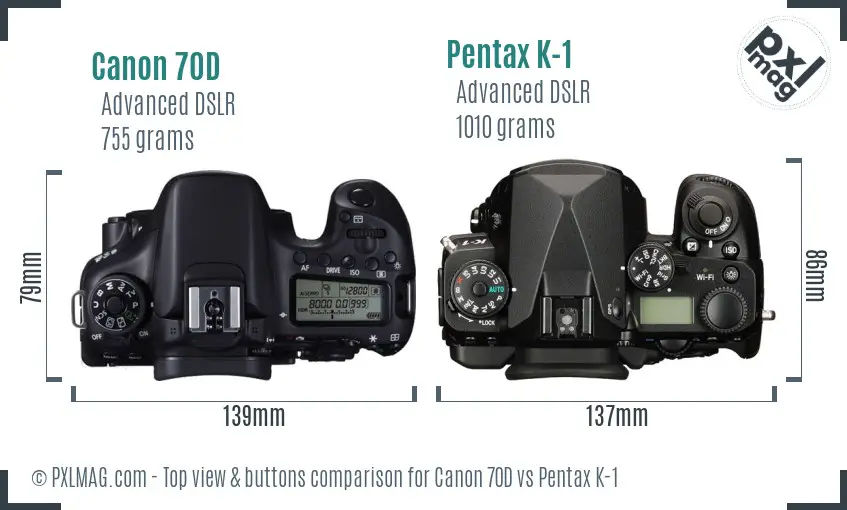 Canon 70D vs Pentax K-1 top view buttons comparison