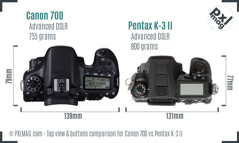 Canon 70D vs Pentax K-3 II top view buttons comparison