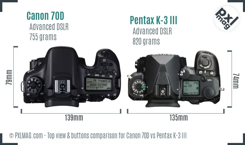 Canon 70D vs Pentax K-3 III top view buttons comparison
