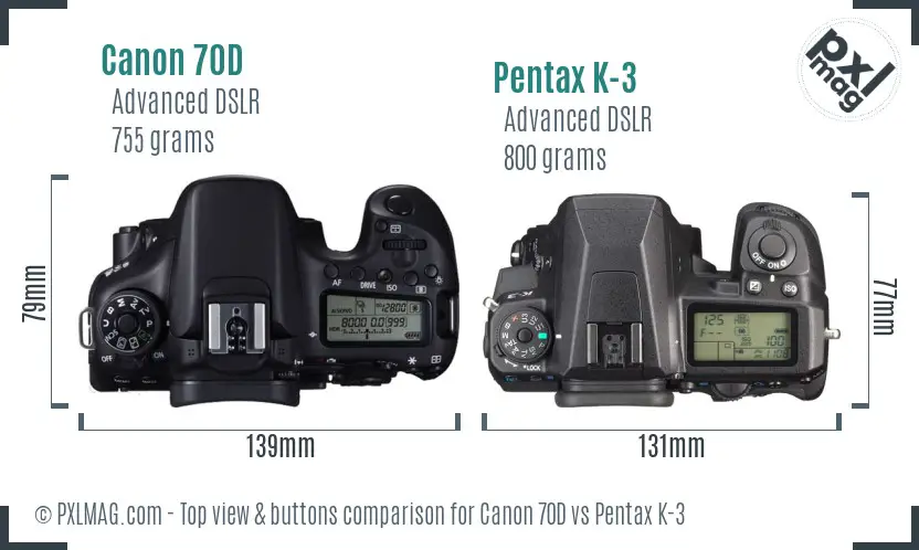 Canon 70D vs Pentax K-3 top view buttons comparison