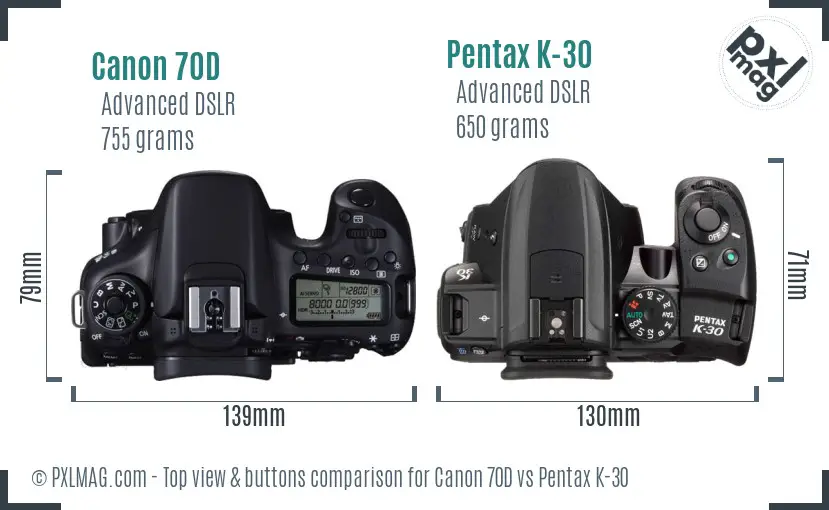 Canon 70D vs Pentax K-30 top view buttons comparison
