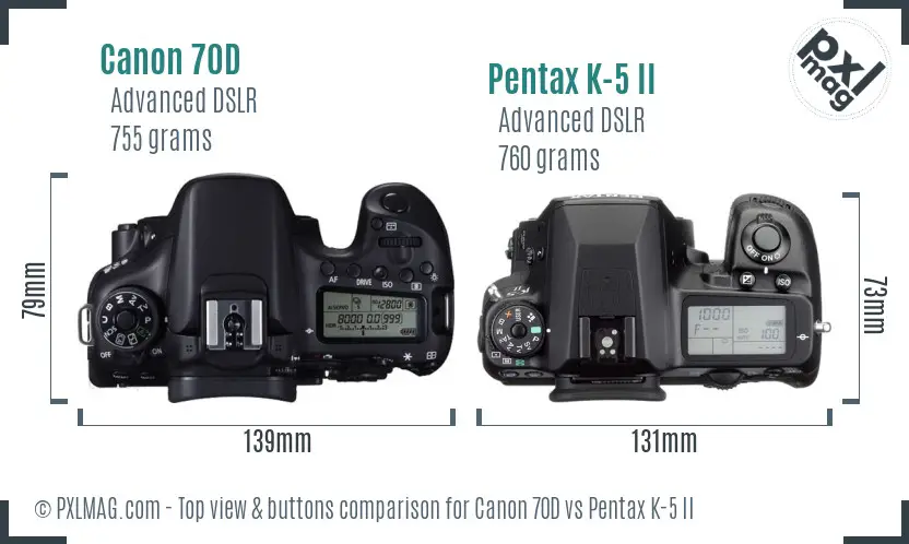 Canon 70D vs Pentax K-5 II top view buttons comparison