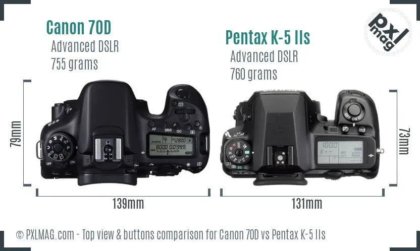 Canon 70D vs Pentax K-5 IIs top view buttons comparison