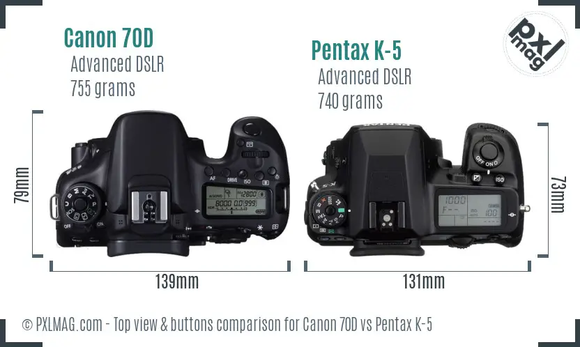 Canon 70D vs Pentax K-5 top view buttons comparison