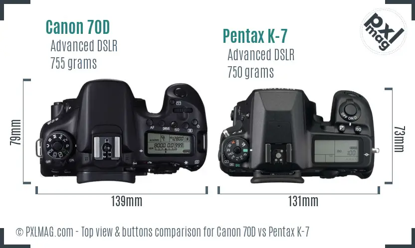 Canon 70D vs Pentax K-7 top view buttons comparison