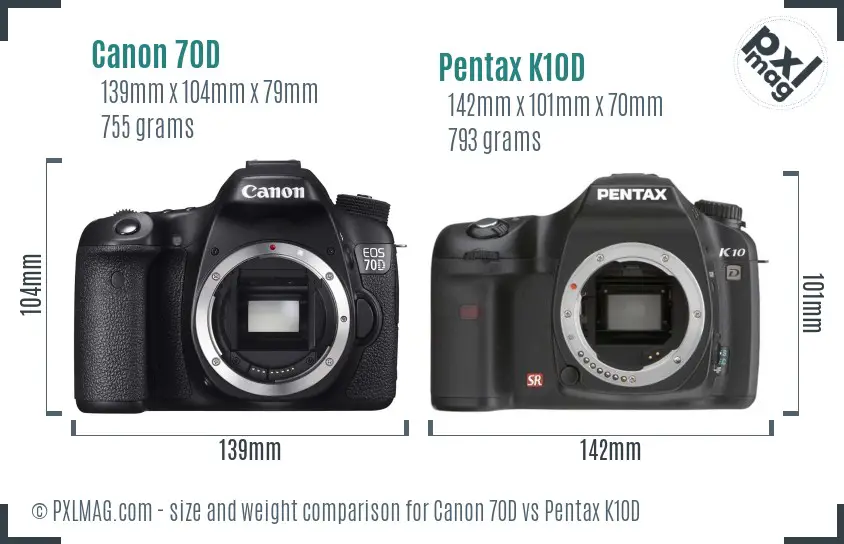 Canon 70D vs Pentax K10D size comparison