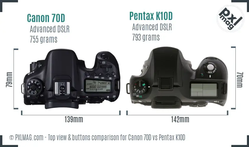 Canon 70D vs Pentax K10D top view buttons comparison