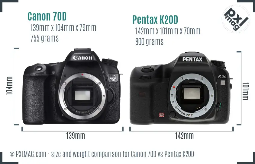 Canon 70D vs Pentax K20D size comparison