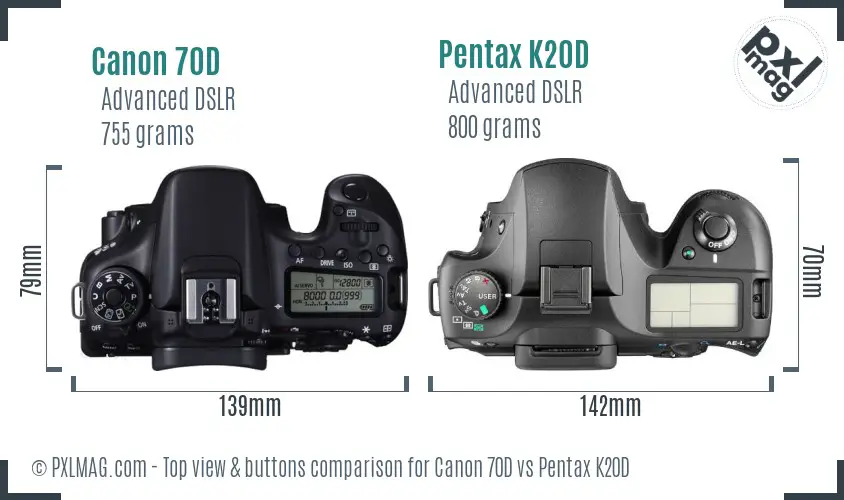 Canon 70D vs Pentax K20D top view buttons comparison