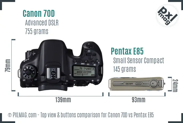 Canon 70D vs Pentax E85 top view buttons comparison