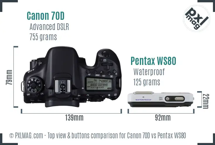 Canon 70D vs Pentax WS80 top view buttons comparison