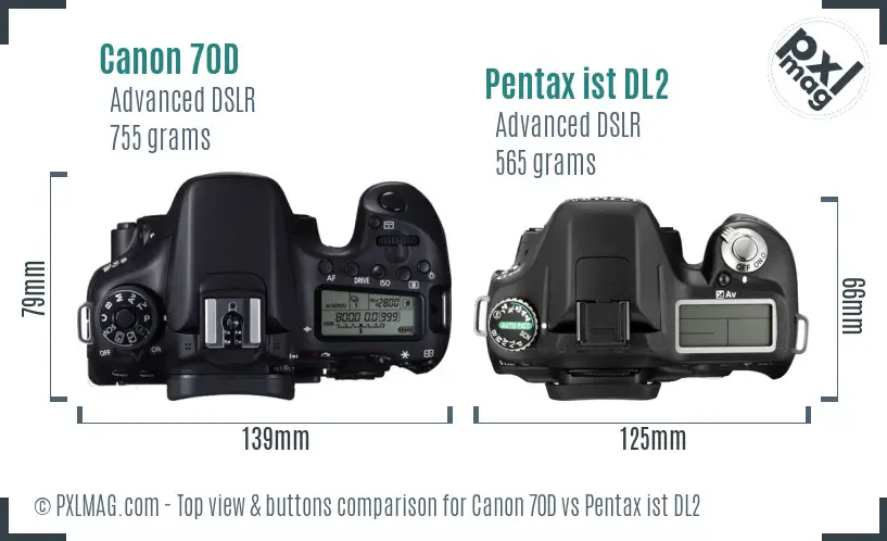 Canon 70D vs Pentax ist DL2 top view buttons comparison