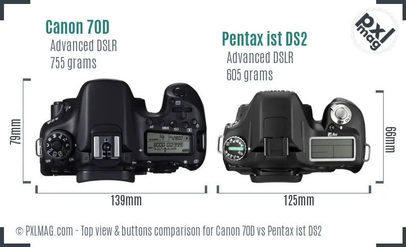 Canon 70D vs Pentax ist DS2 top view buttons comparison Canon 70D vs Pentax ist DS2 top view buttons comparison