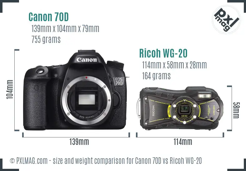 Canon 70D vs Ricoh WG-20 size comparison