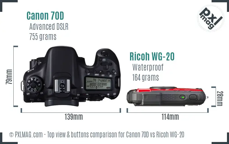 Canon 70D vs Ricoh WG-20 top view buttons comparison