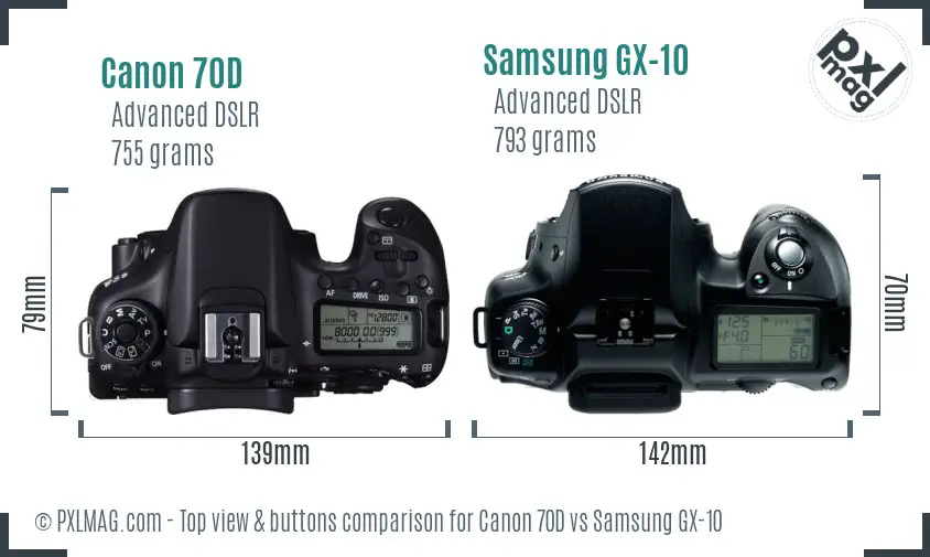 Canon 70D vs Samsung GX-10 top view buttons comparison