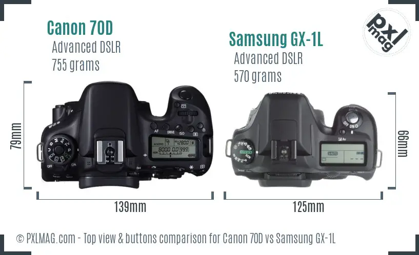 Canon 70D vs Samsung GX-1L top view buttons comparison