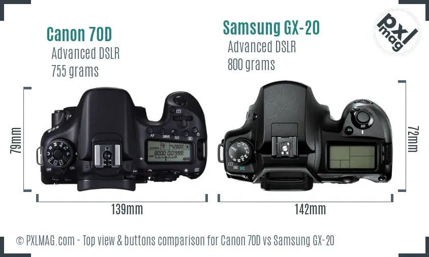Canon 70D vs Samsung GX-20 top view buttons comparison