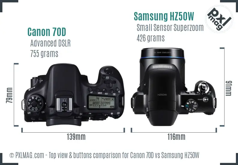 Canon 70D vs Samsung HZ50W top view buttons comparison