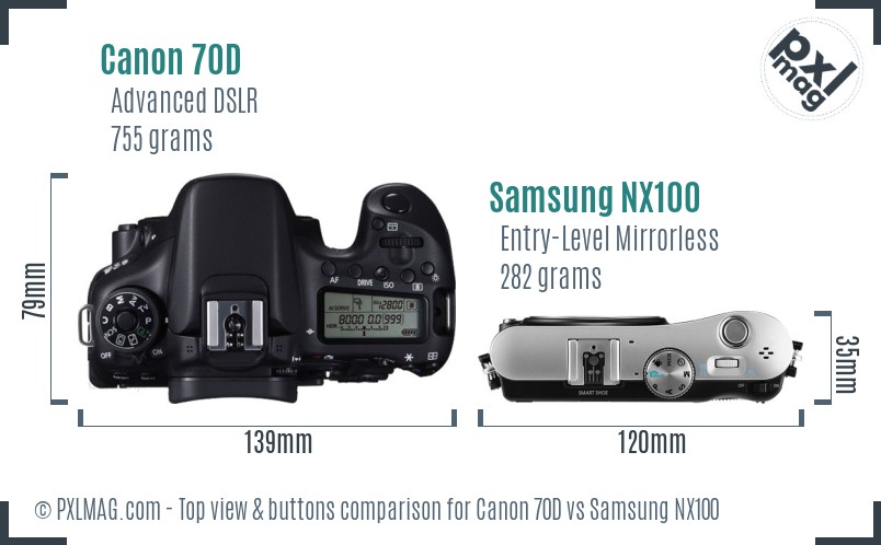 Canon 70D vs Samsung NX100 top view buttons comparison