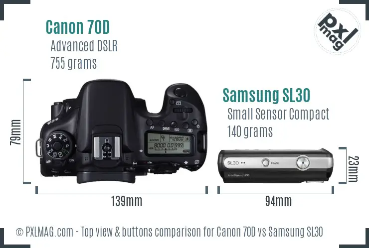 Canon 70D vs Samsung SL30 top view buttons comparison