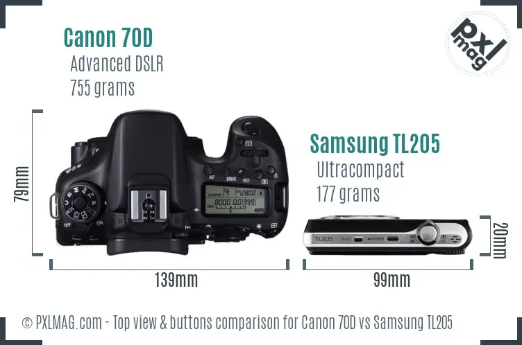 Canon 70D vs Samsung TL205 top view buttons comparison