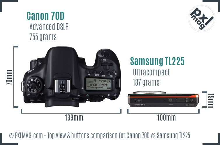 Canon 70D vs Samsung TL225 top view buttons comparison