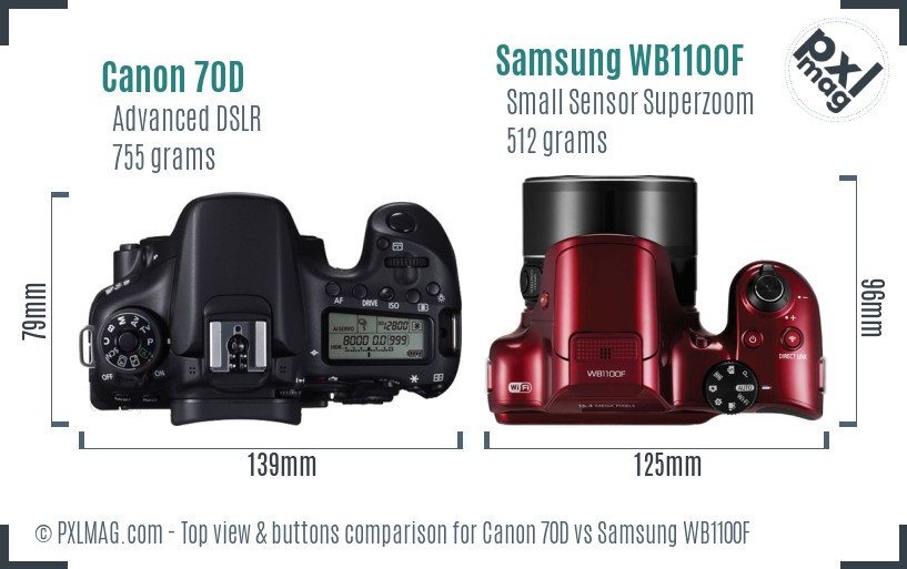 Canon 70D vs Samsung WB1100F top view buttons comparison