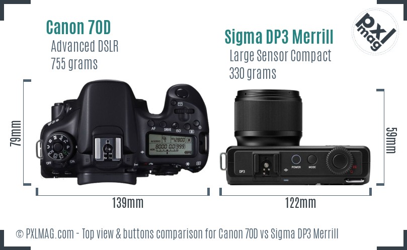 Canon 70D vs Sigma DP3 Merrill top view buttons comparison