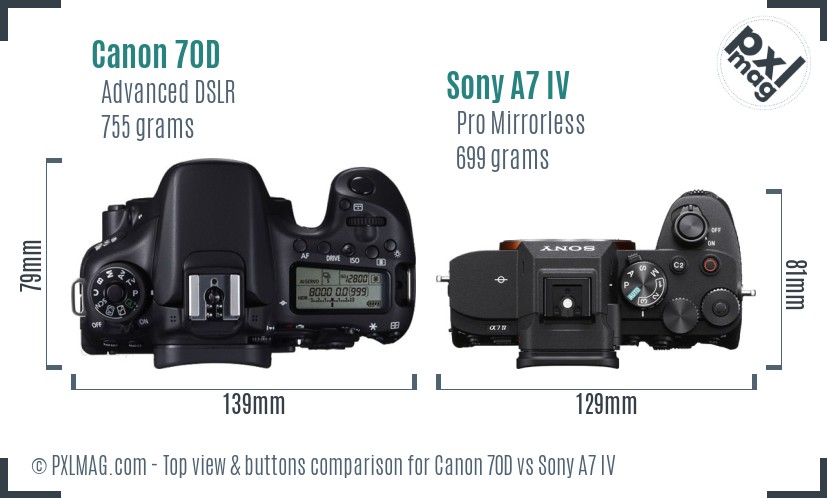 Canon 70D vs Sony A7 IV top view buttons comparison