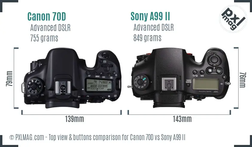 Canon 70D vs Sony A99 II top view buttons comparison